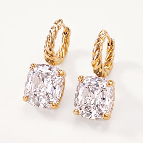 Cushion Drop Diamond Hoops cushion solitaires on twisted gold huggies