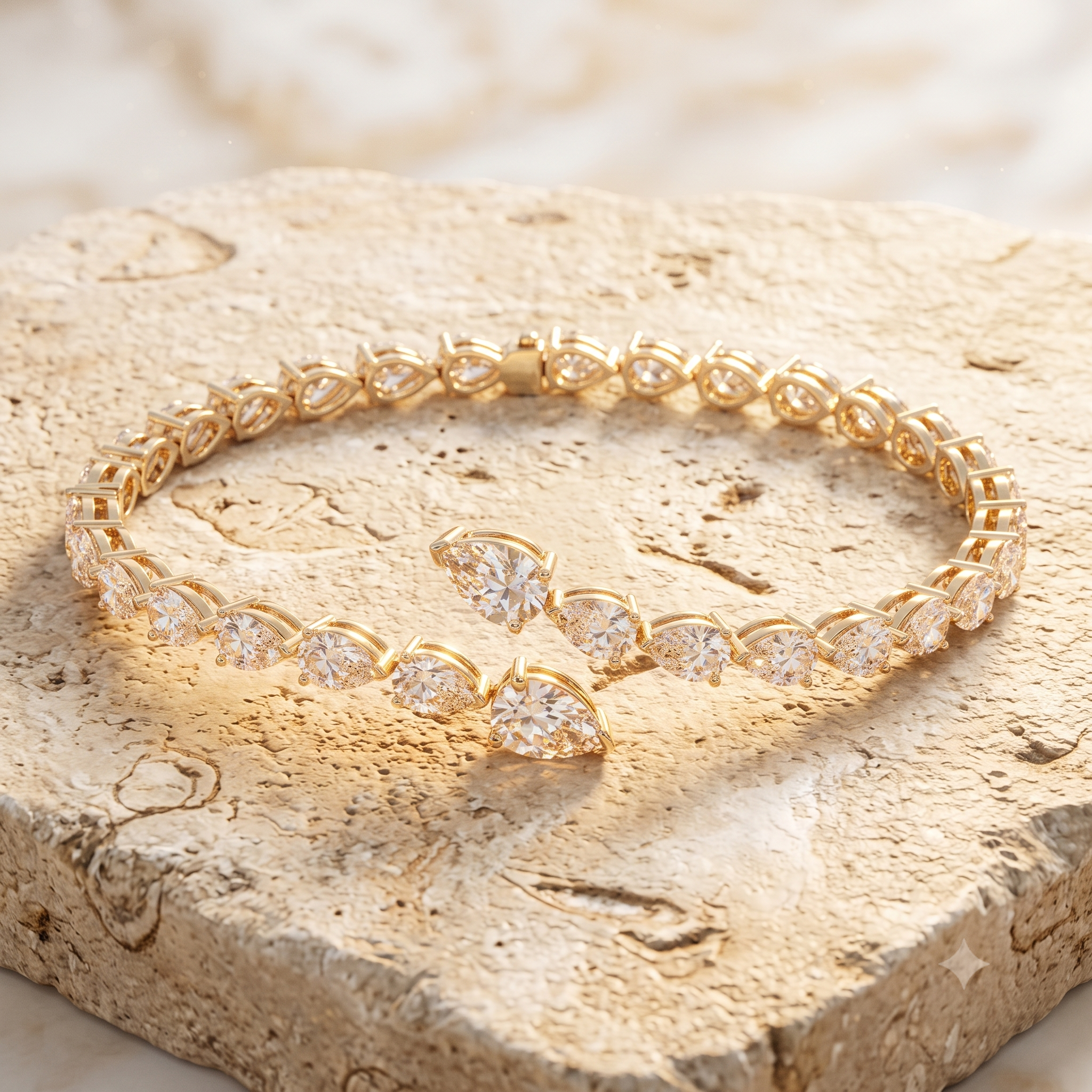 Leah's Bangle in 14k yellow gold on Jerusalem stone in golden-hour light