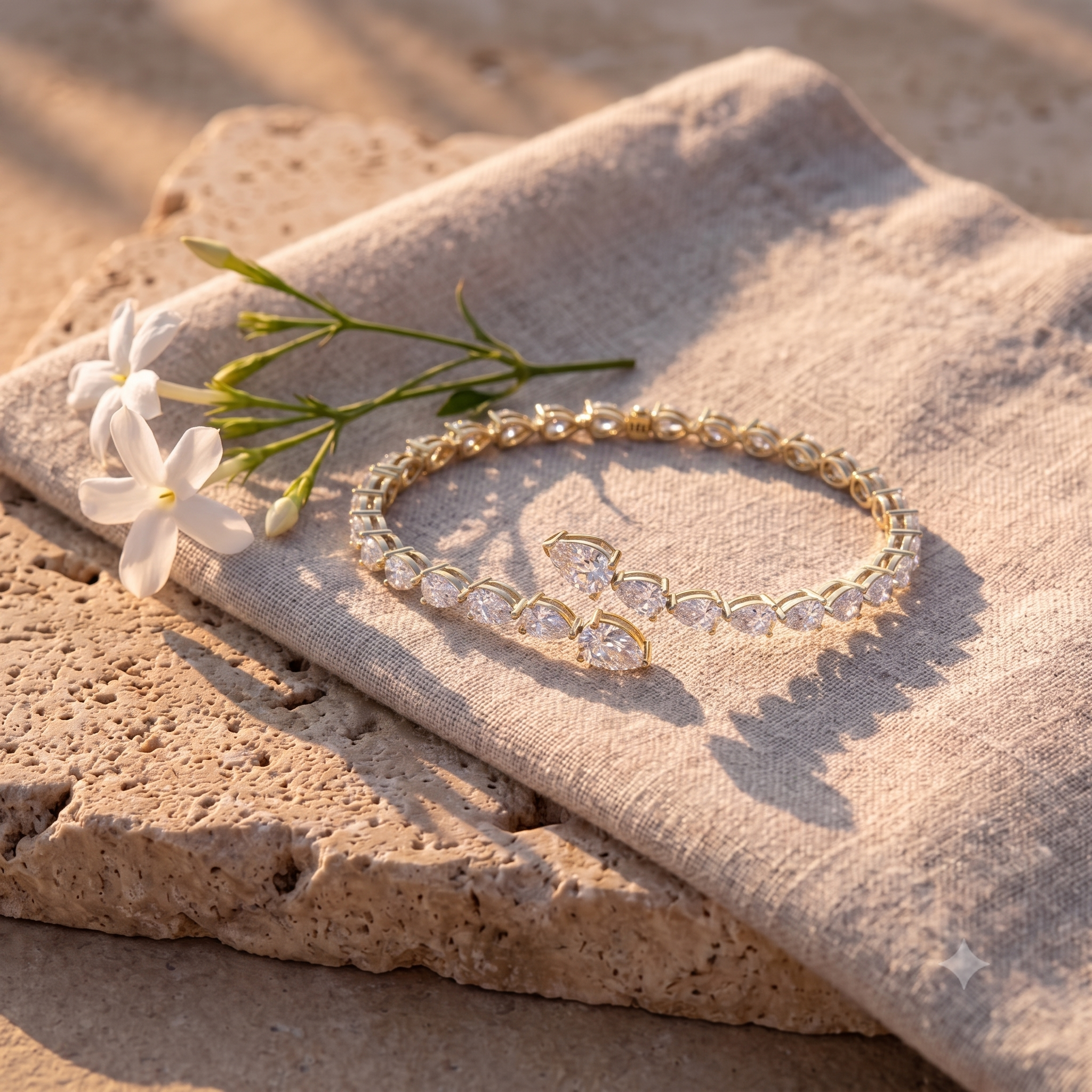 Leah's Bangle in 14k yellow gold on raw linen with jasmine in late afternoon light