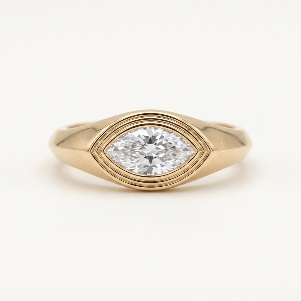 Leah's Whisper marquise diamond signet pinky ring in 14k yellow gold