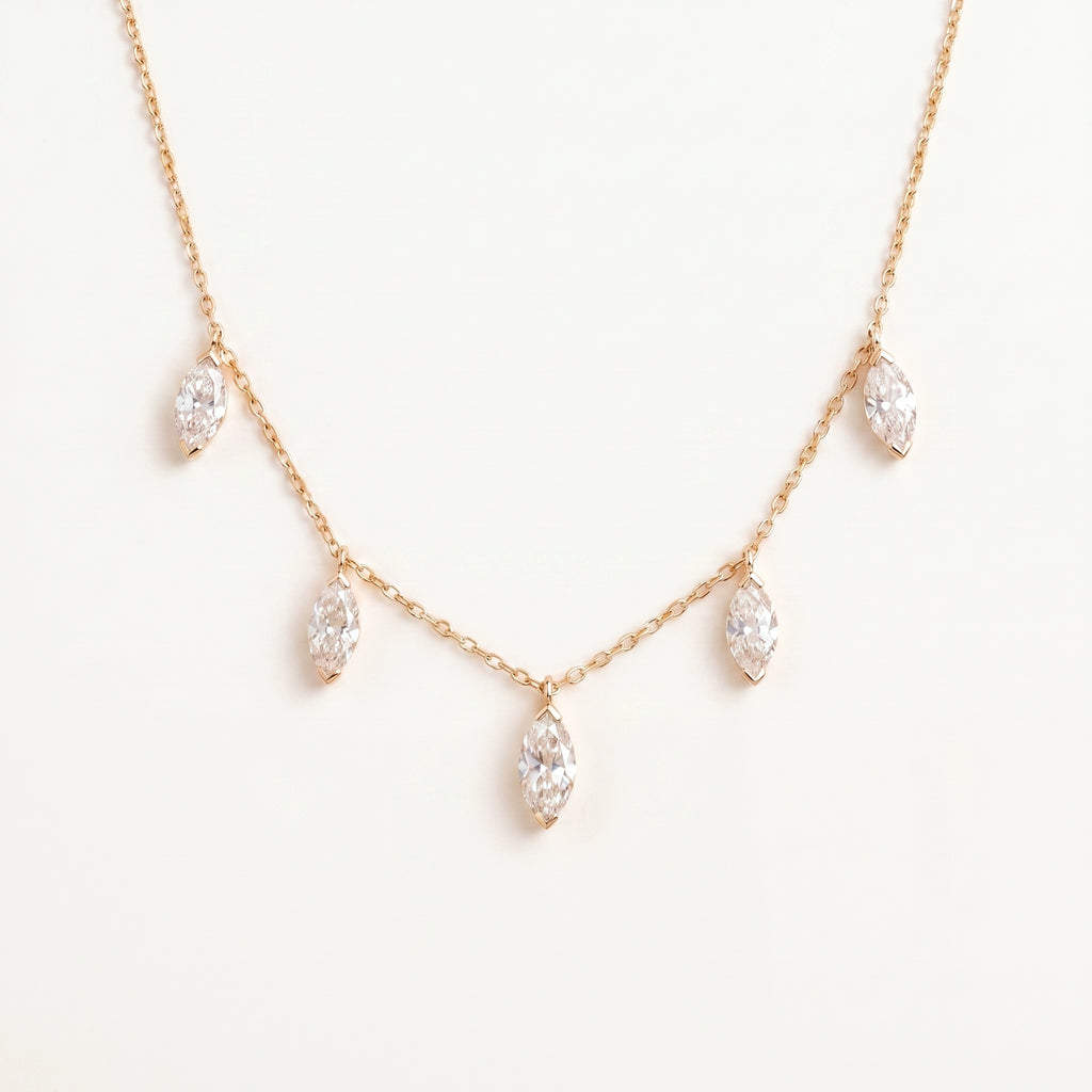Floating Marquise Diamond Necklace in 14k yellow gold, five marquise-cut lab-grown diamonds on a fine cable chain