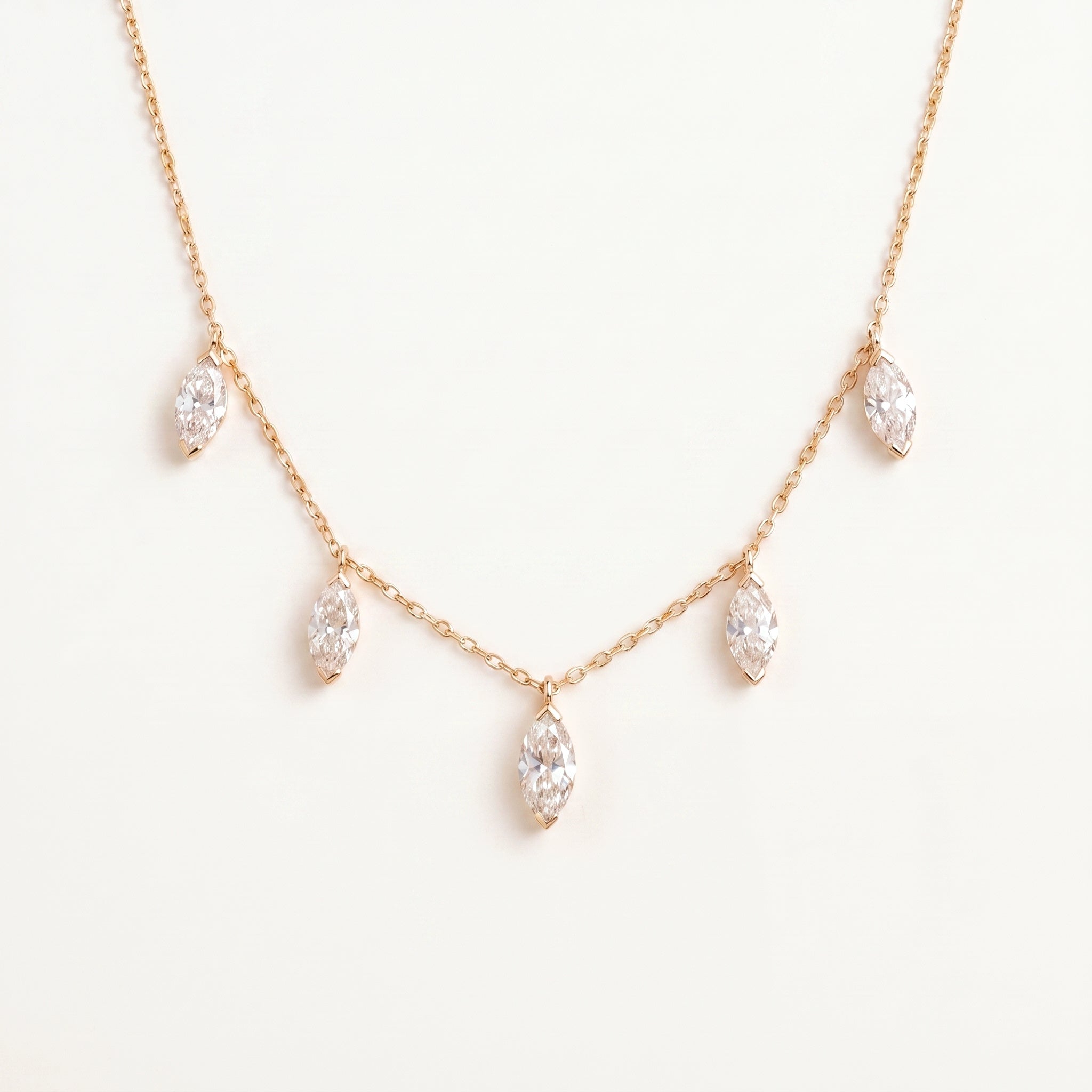 Floating Marquise Diamond Necklace in 14k yellow gold, five marquise-cut lab-grown diamonds on a fine cable chain