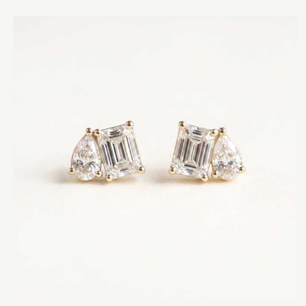 Rachel's Vow pear and emerald cut toi-et-moi diamond studs in 14k gold