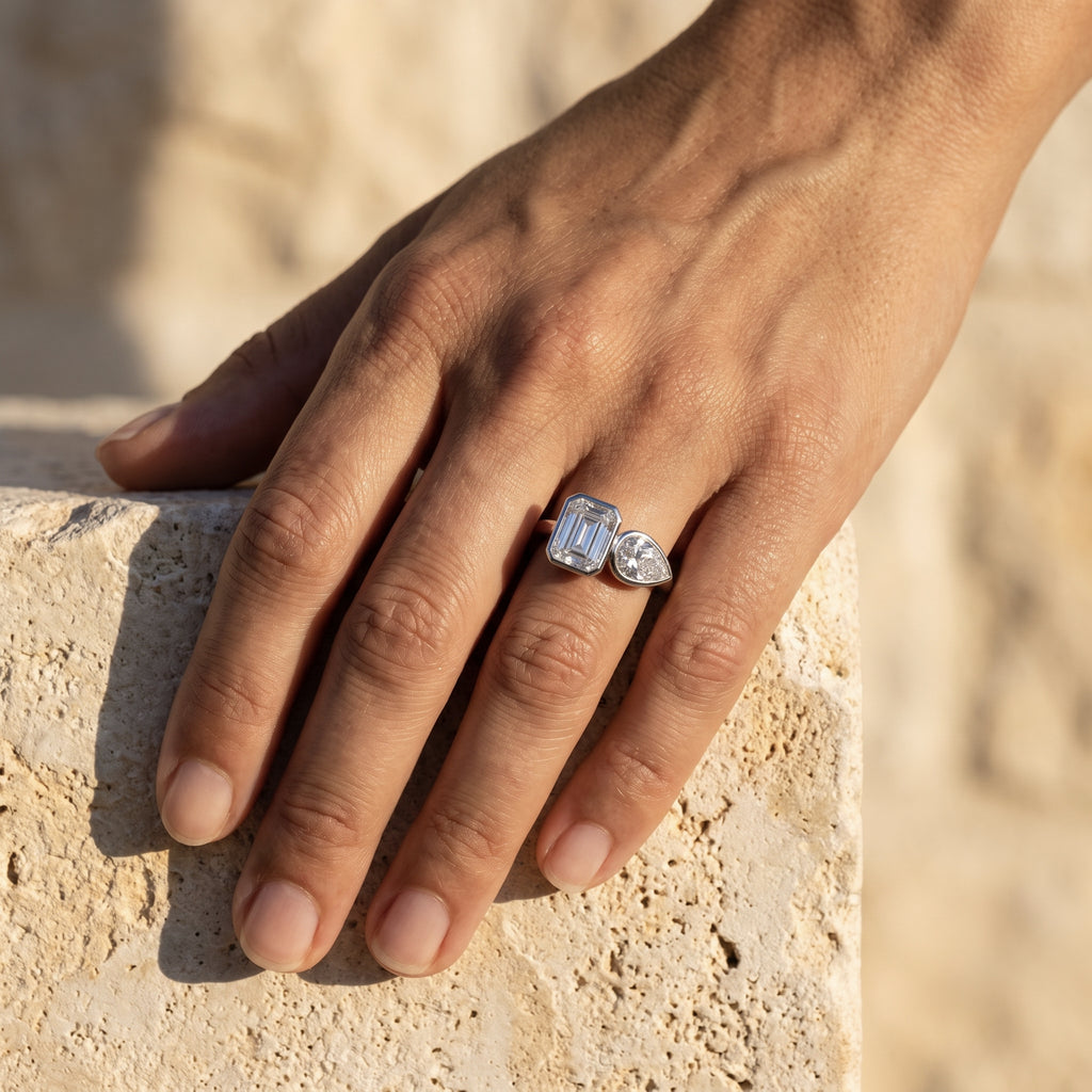 Rachel's Vow Ring worn on the hand at true size 6 scale