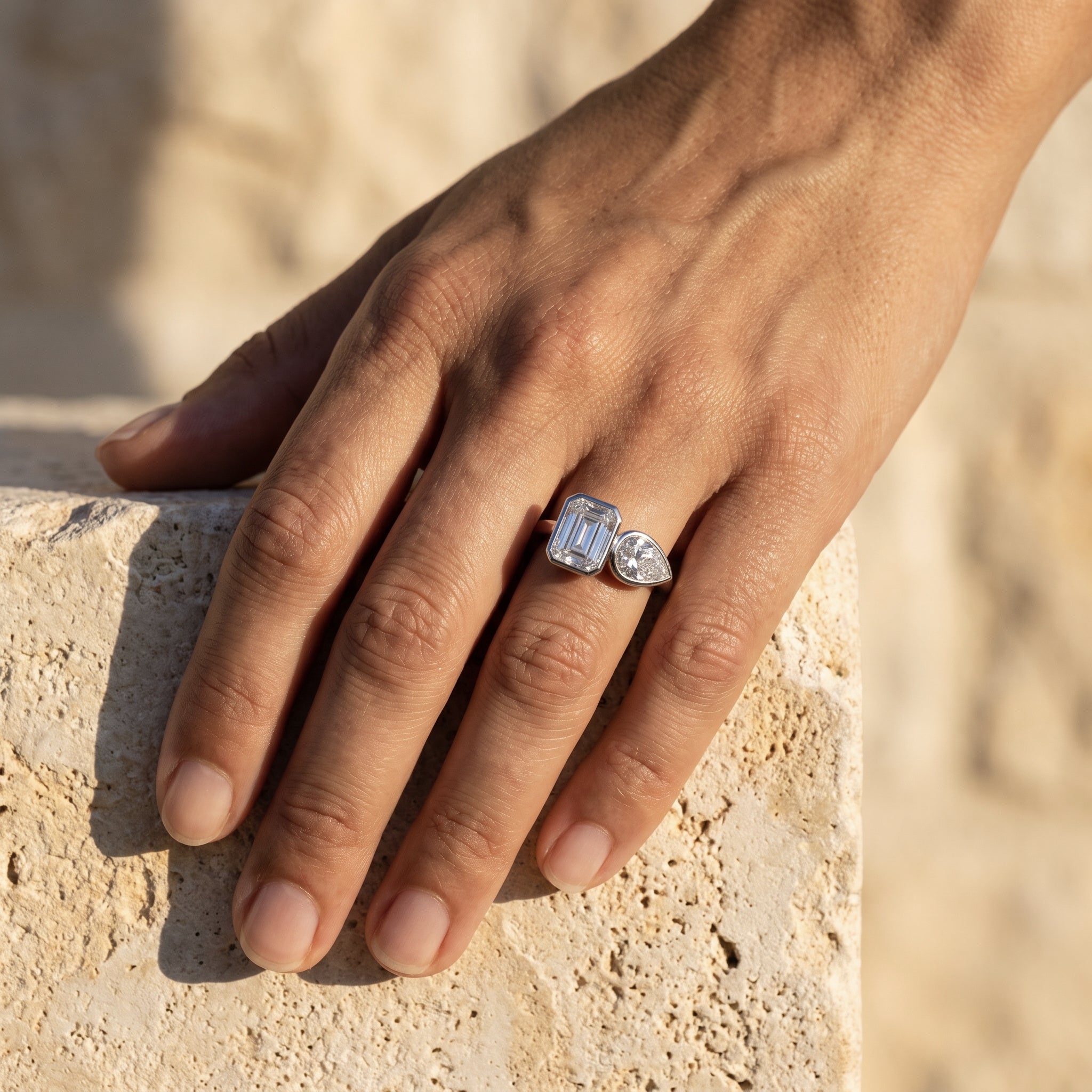 Rachel's Vow Ring worn on the hand at true size 6 scale