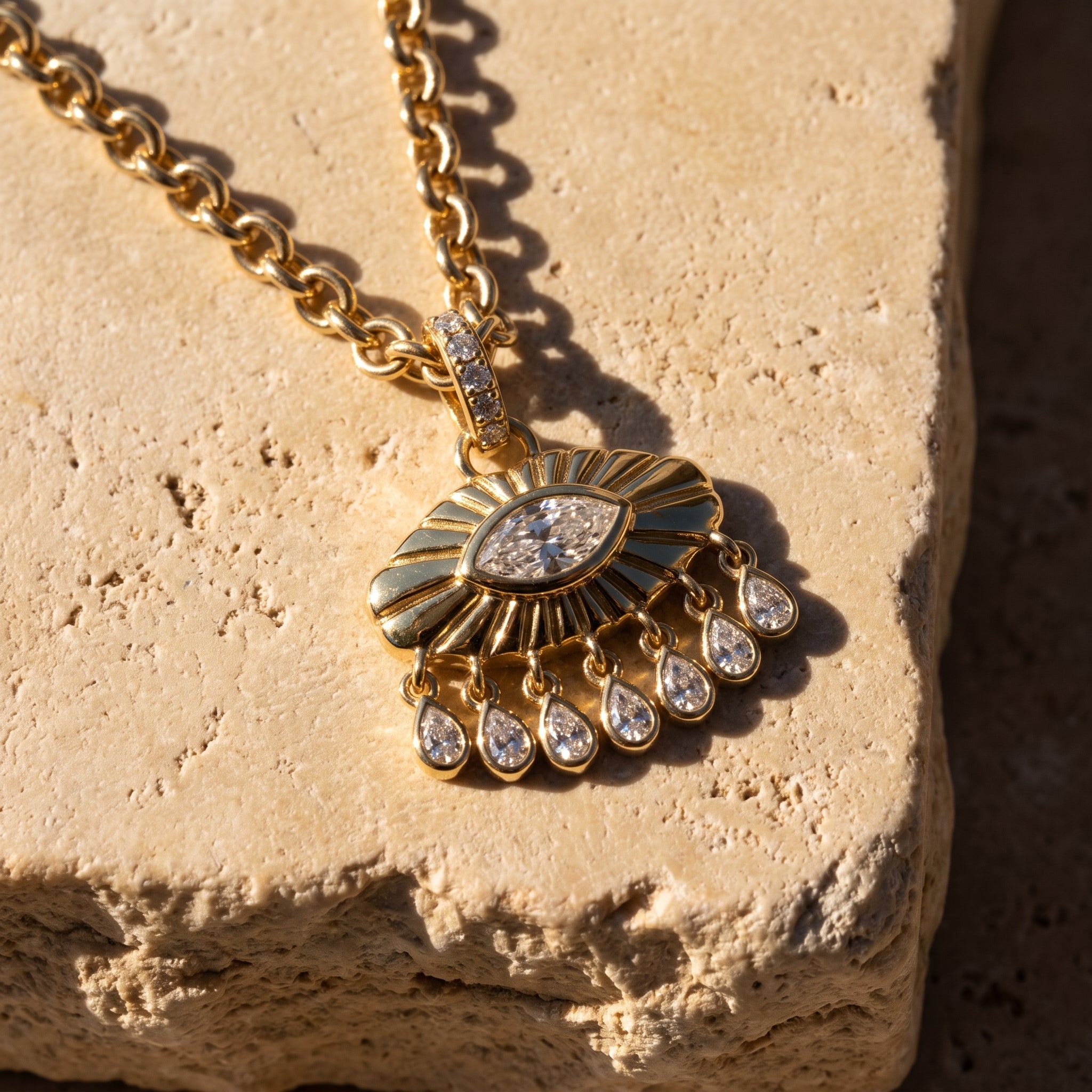 Rebecca's Eye pendant on travertine stone