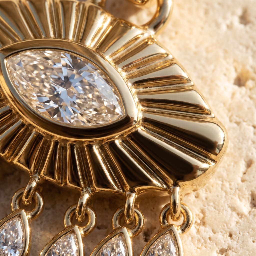 Rebecca's Eye pendant macro detail - marquise center and fluted gold