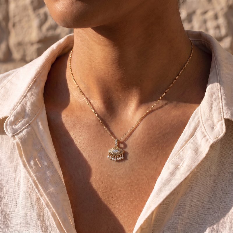Rebecca's Eye pendant worn on model