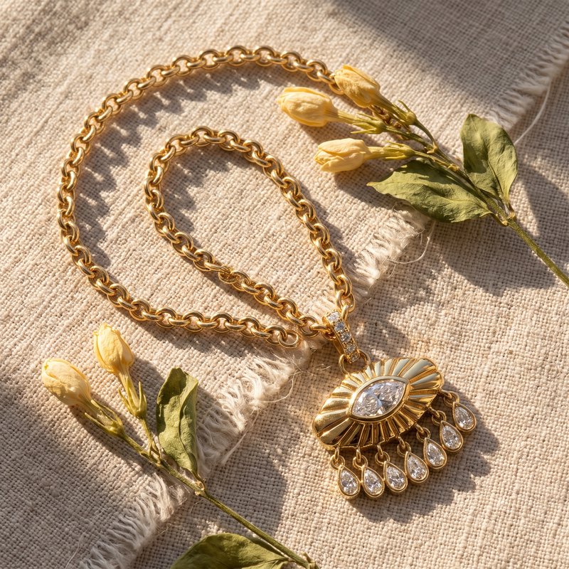 Rebecca's Eye pendant flat lay with jasmine on linen