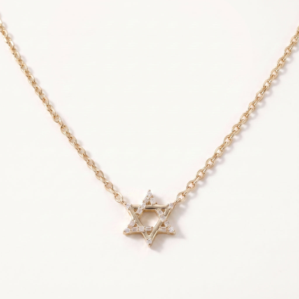 The Magen David Necklace baguette diamond Star of David pendant in 14k gold