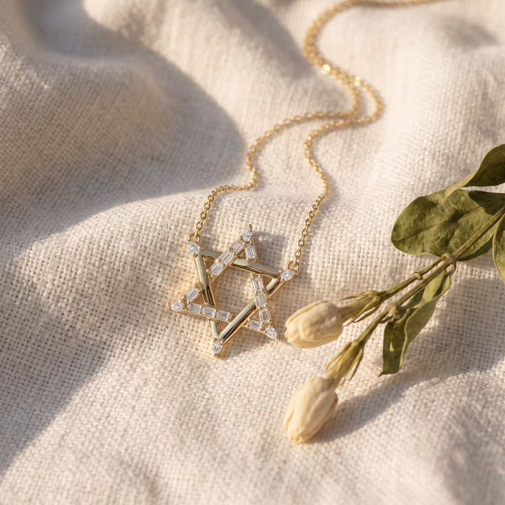 Sarah's Shield pendant on oatmeal linen with dried tulip buds and olive leaves