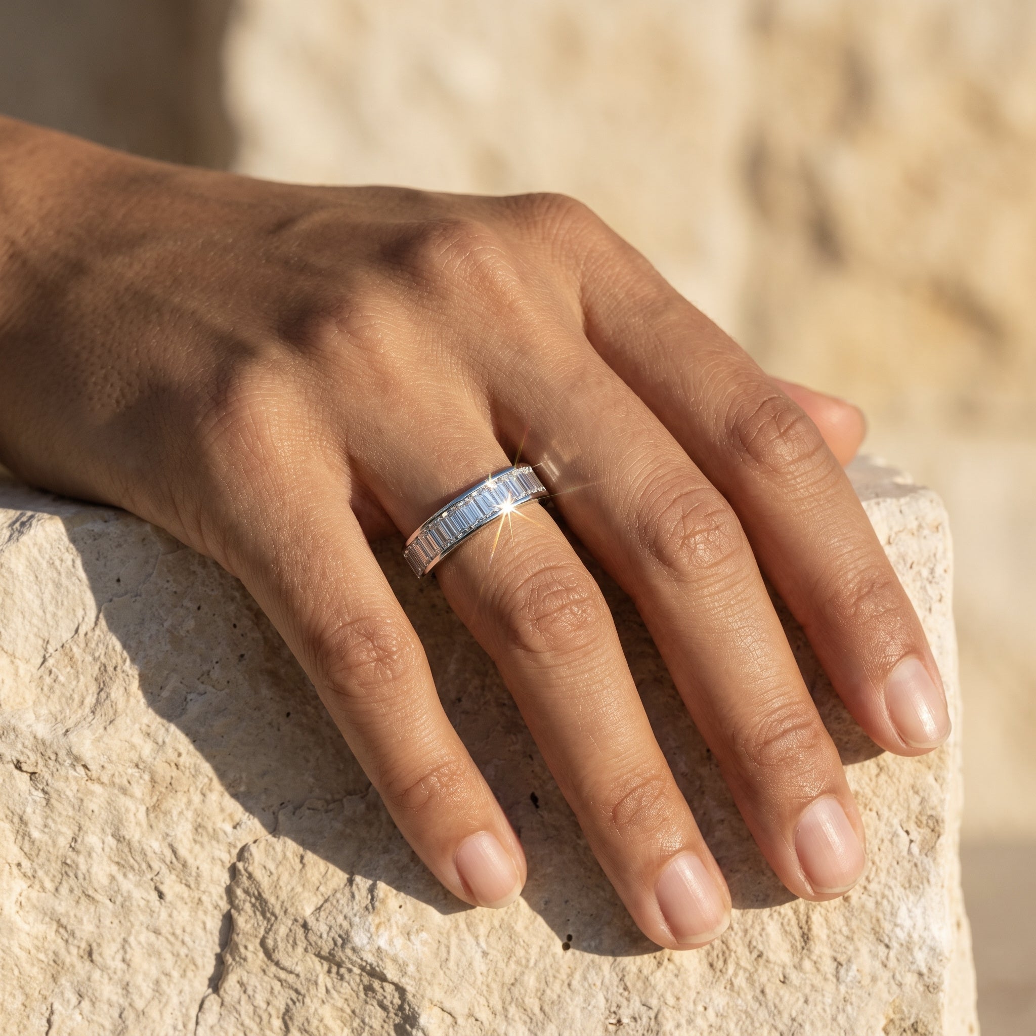 Sarah's Vigil eternity band worn on the hand at true 3.5mm width
