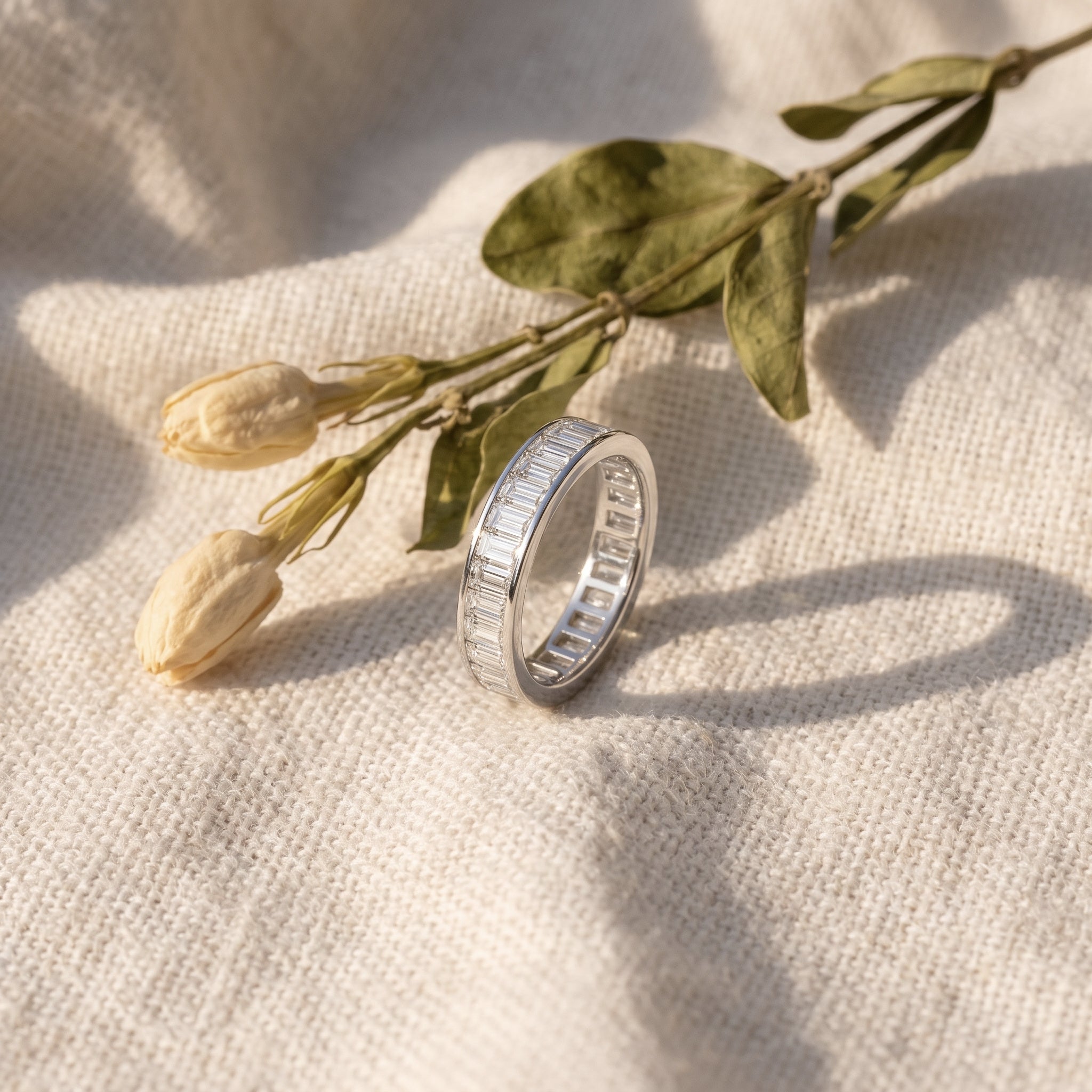Sarah's Vigil band on oatmeal linen with dried tulip buds and olive leaves