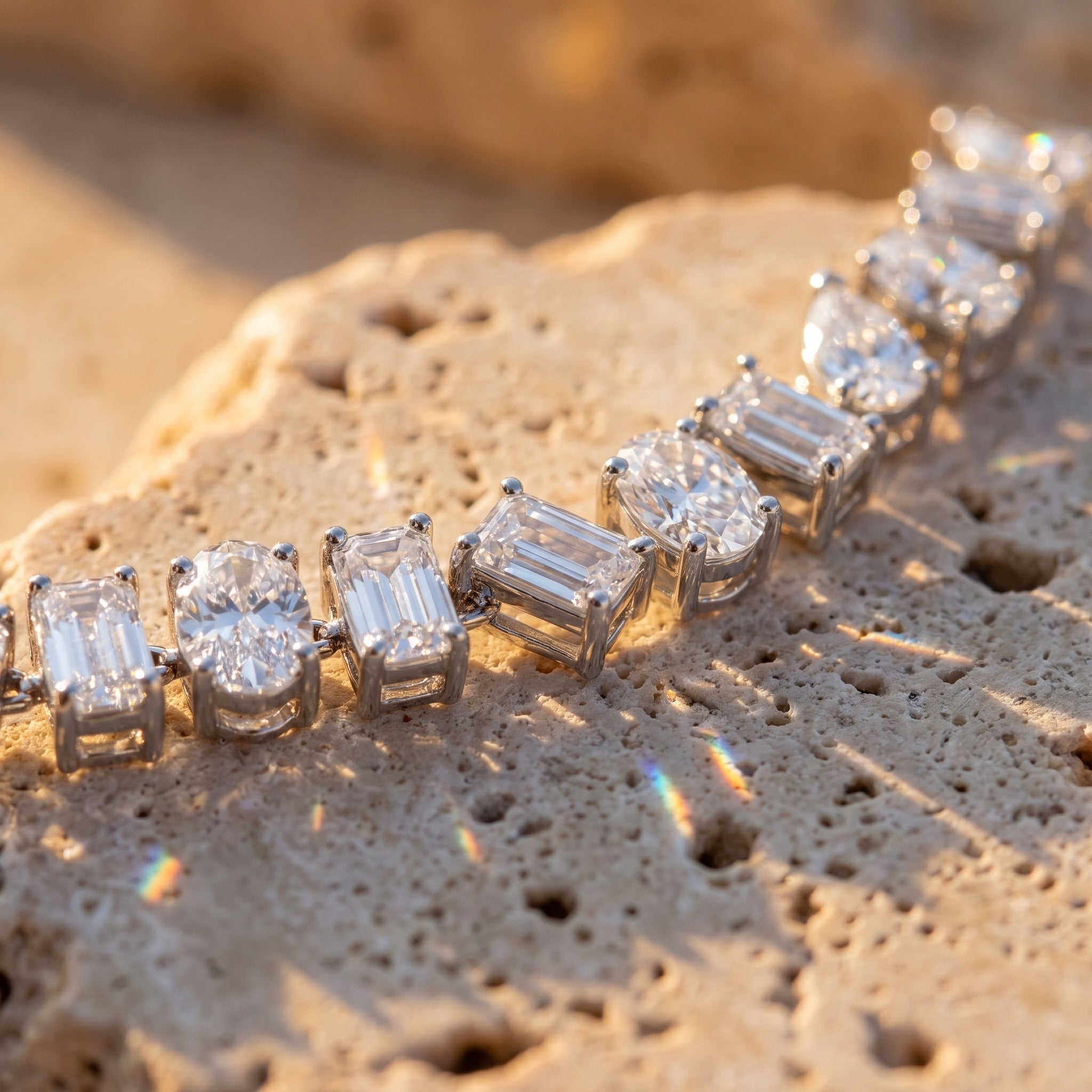 The Emora Tennis Bracelet mixed-cut diamonds in golden light on travertine